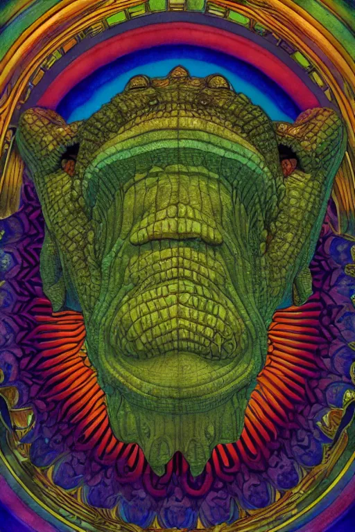 Image similar to beautiful crocodile head god by maxfield parrish, mandala, coherent design, symmetrical, vivid colors, digital watercolor ink illustration painting, complementary color, golden ratio, detailed, sharp lines, sharp focus, intricate, rainbowshift, artgerm, gustave dore, alphonse mucha, octane render