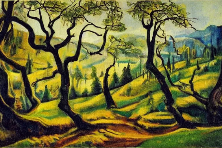 Image similar to masterpiece painting of oak trees on a hillside overlooking a creek, dramatic lighting, by emily carr