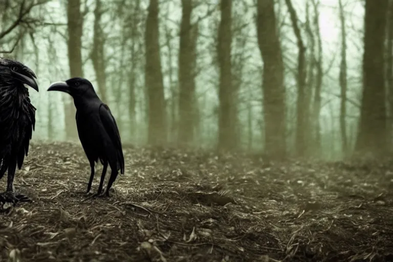 Image similar to werecreature consisting of a crow and a human, photograph captured in a dark forest