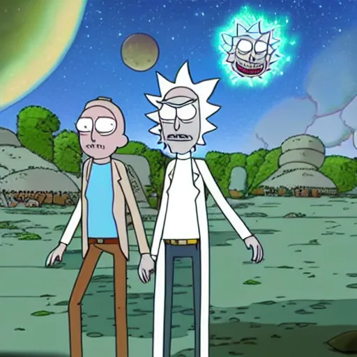 Image similar to rick and morty on a planet made of marshmallows