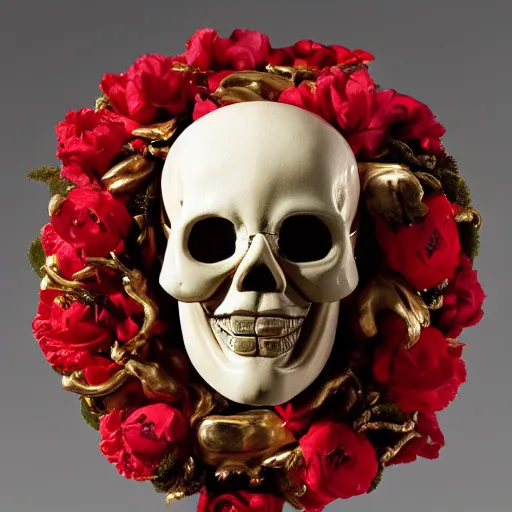 Image similar to a man in the form of a Greek sculpture with a mask in the form of a skull and wreath of flowers skulls in hands dressed in a biomechanical dress, red white and gold color scheme, baroque, by Michelangelo