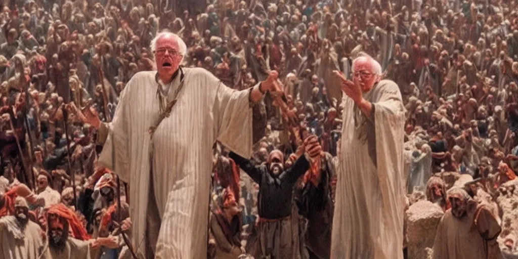 Image similar to Bernie Sanders as Moses, parting the Red Sea, in screenshot from the 10 Commandments movie