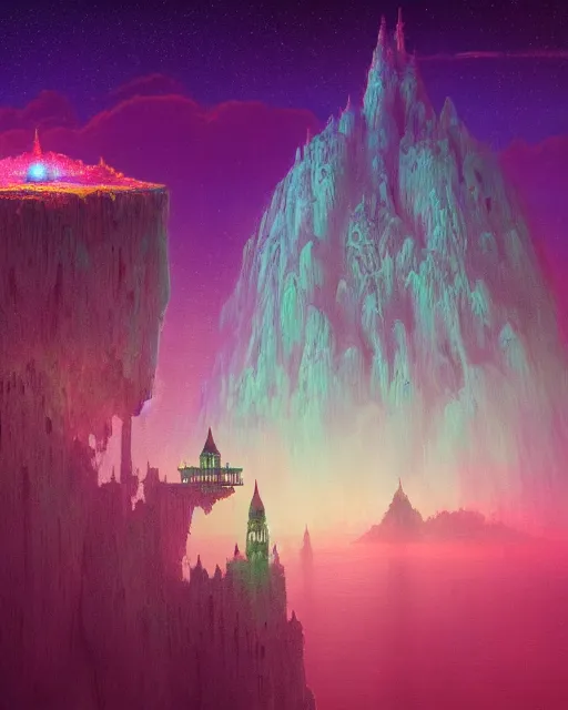 Image similar to a concept matte painting of a singular floating island castle, levitating across space in a misty pearlescent nebula by paul lehr kazumasa uchio situated in a starry expanse of bioluminescent cosmic worlds by beksinski and beeple, flying citadel with towers, trending on artstation