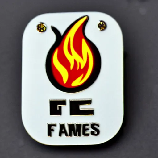 Image similar to a diamond enamel pin of a retro minimalistic fire flames warning label, smooth curves