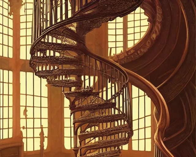 Image similar to spiral staircase leading to hope and glory, deep focus, d & d, fantasy, intricate, elegant, highly detailed, digital painting, artstation, concept art, matte, sharp focus, illustration, hearthstone, art by artgerm and greg rutkowski and alphonse mucha