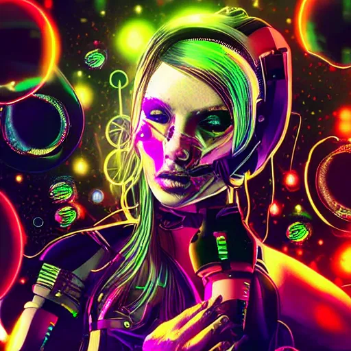 Image similar to art of female cyborg playing techno music, choker, wires, trippy space background, realistic