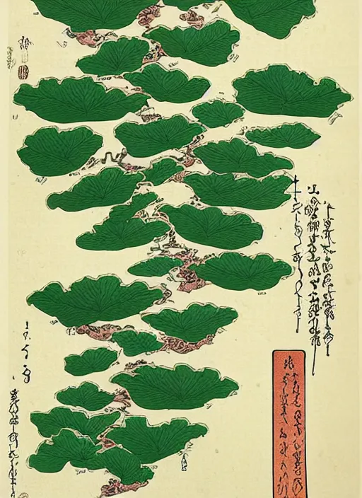 Image similar to fantasy scientific botanical illustration of a green leafy plant that grows on top of waterfalls ,Ukiyo-e