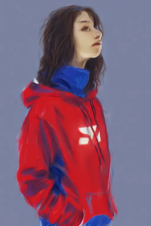 Image similar to a girl wearing a red and blue hoodie, artstation