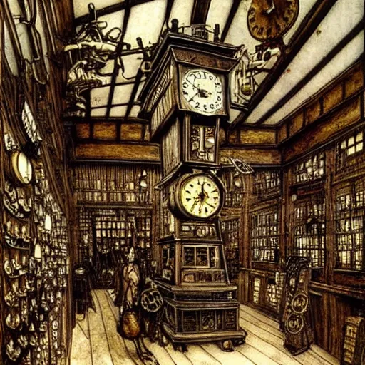 Prompt: interior of a steampunk clock shop, father time, wooden grandfather clocks everywhere, realistic, very intricate masterpiece by arthur rackham