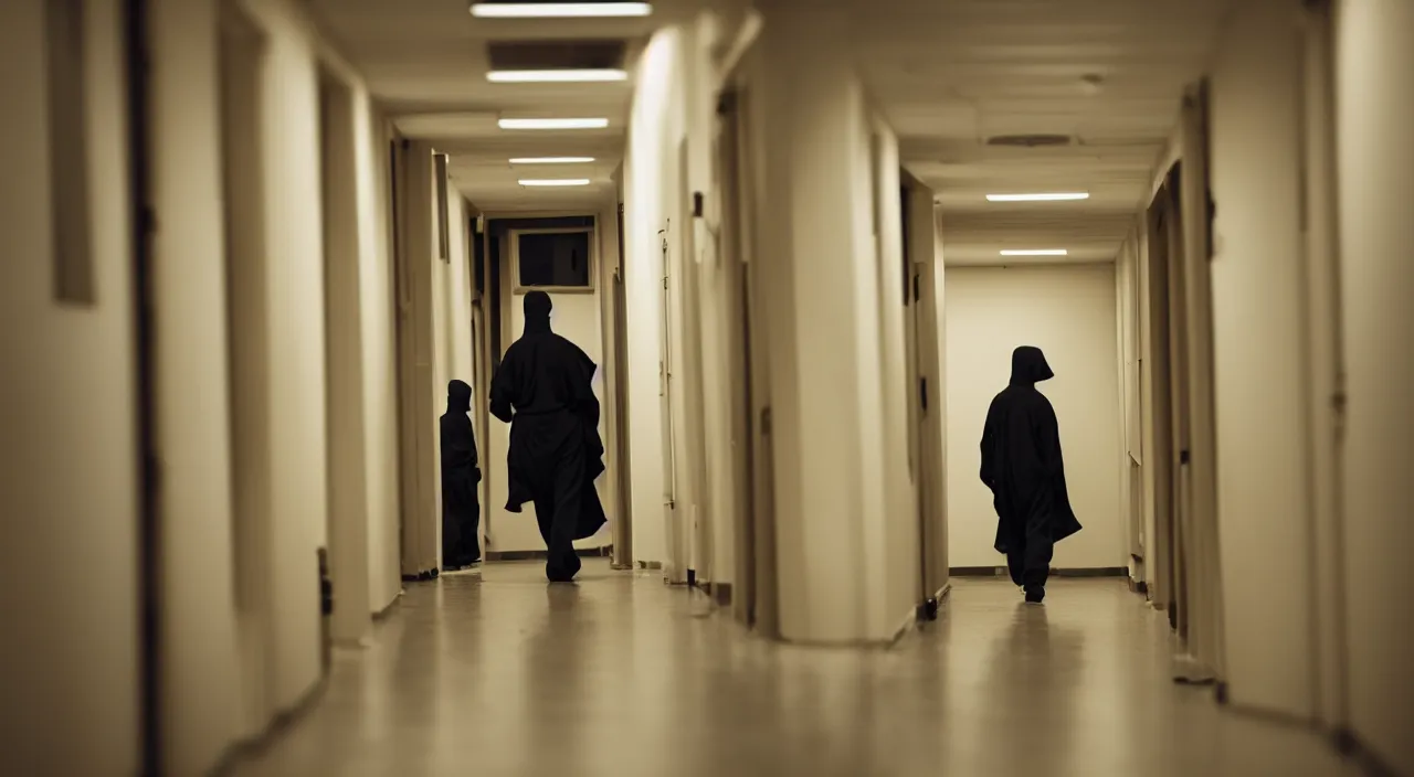 Prompt: distant hiding ninjas in long corridor backrooms, DOF