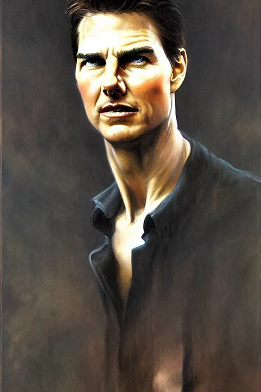 Image similar to portrait of tom cruise in the style of wayne barlowe, gustav moreau, goward, bussiere, roberto ferri, santiago caruso, luis ricardo falero, austin osman spare