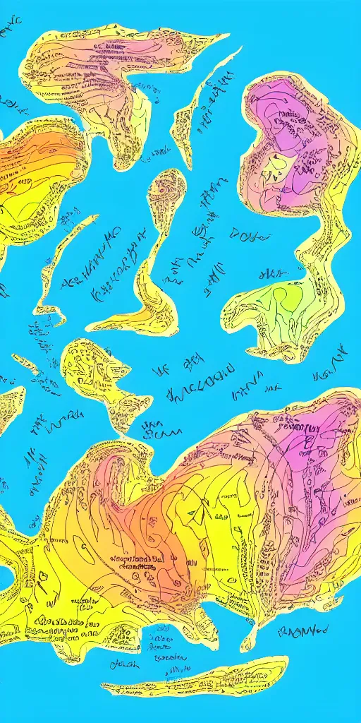 Image similar to infographic map of a heavenly realm split into regions with population information and statistics in the style of a three dimensional map highly detailed digital saturated colors full color inked drawn by bob ross and lisa frank