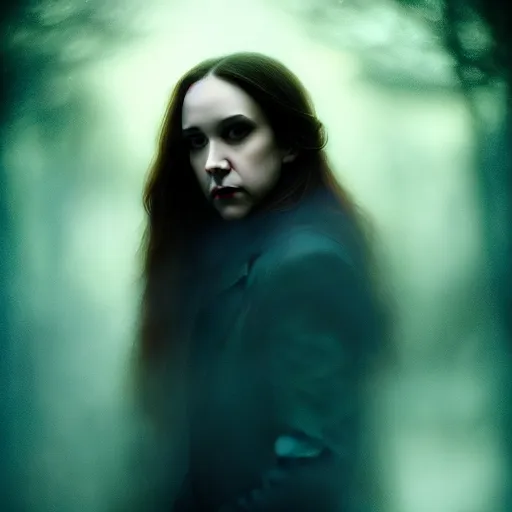 Image similar to Riveting Charismatic brunette female vampire, portrait, atmospheric lighting, painted, intricate, Highgate cemetery, fog, cold, volumetric lighting, beautiful, blue moon light, sharp focus, ultra detailed, by Leesha Hannigan, Ross Tran, Thierry Doizon, Kai Carpenter, Ignacio Fernández Ríos