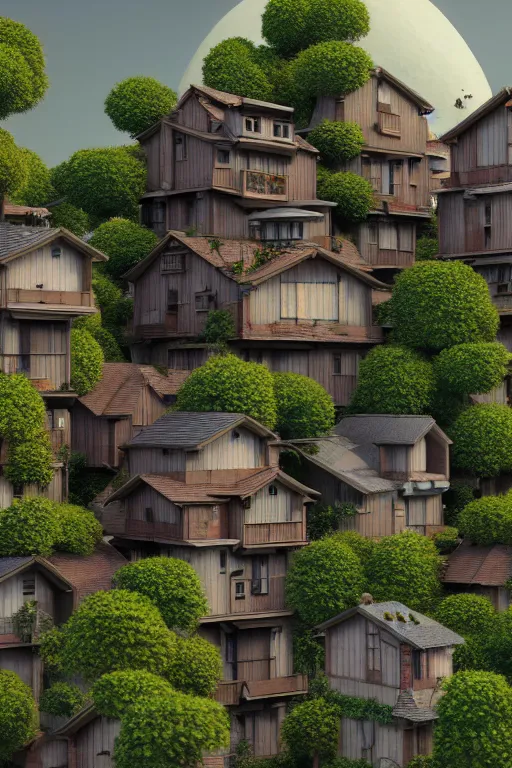 Image similar to stacked houses, solarpunk, studio ghibli, jean - baptiste monge, octane render, 4 k