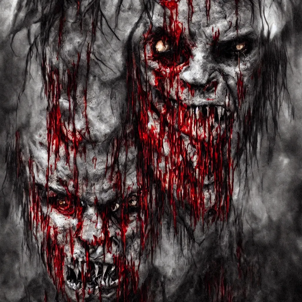 Prompt: gritty horrific demonic vampire lurking in the shadows while blood flows out from below, sharp focus, 4 k ultra hd, hyper realistic dark art, apocalyptic art