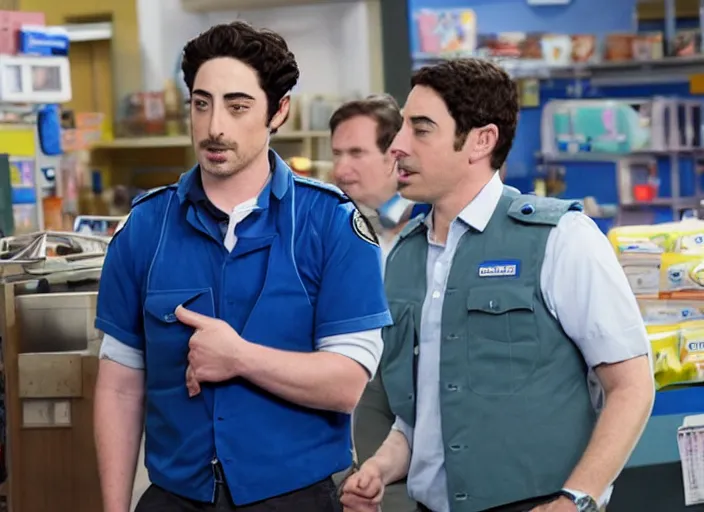 Prompt: film still of ben feldman!!! as jonah simms wearing his blue vest uniform, in superstore, 2 0 1 5