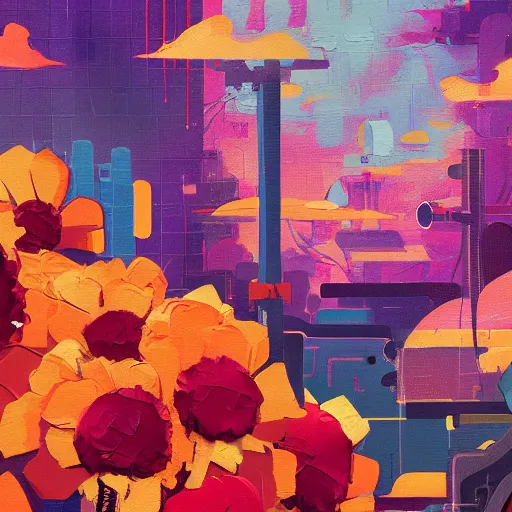 Image similar to a graph style gauche impasto oil paint flowers, steampunk art by james gilleard, cgsociety, retrofuturism, synthwave, retrowave, outrun, autumn color.