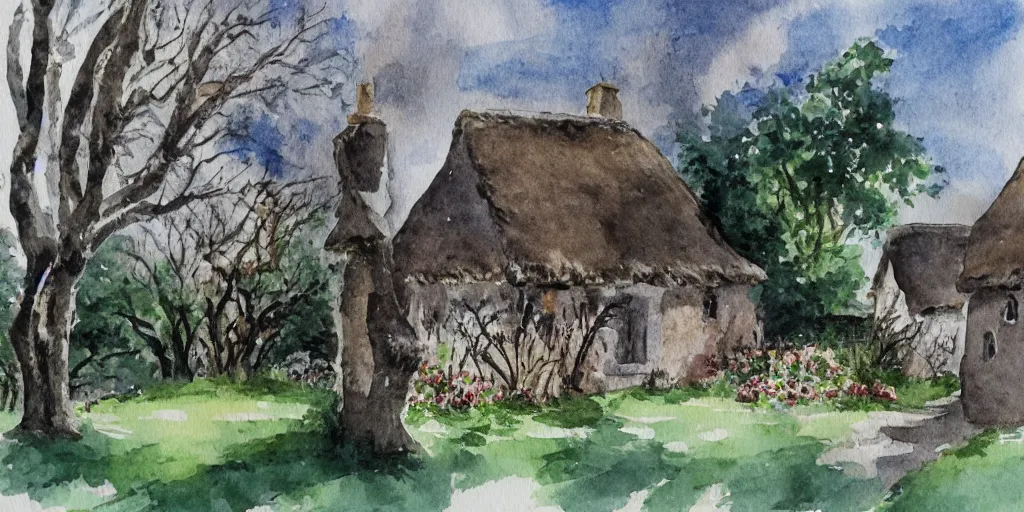 Image similar to old thatched cottage with a front garden among the trees, watercolor