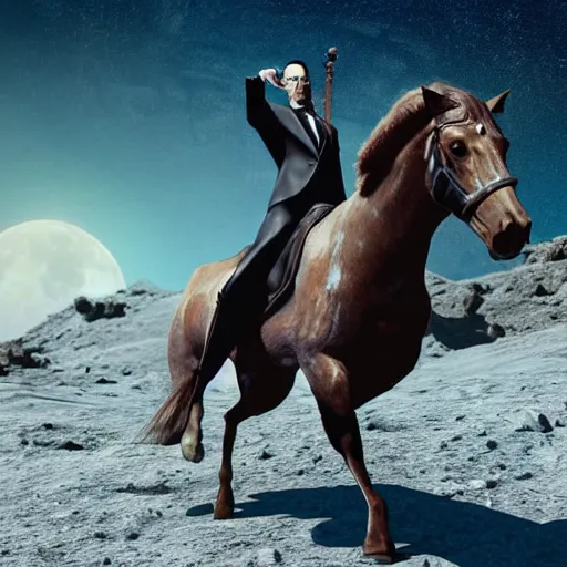 Prompt: real vintage photo, agent smith from the matrix riding a horse on moon, detailed, hyper realistic, 4 k octan render, unreal 5