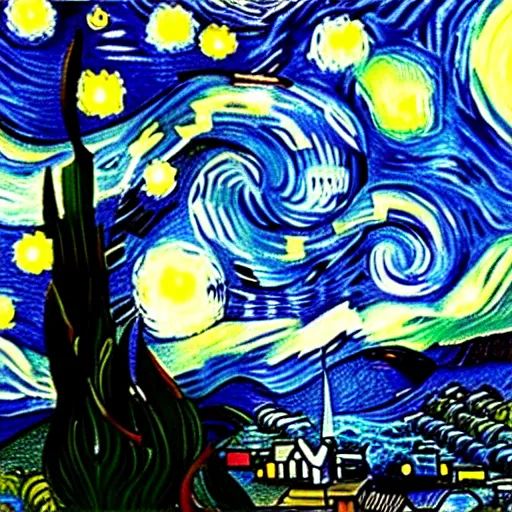 Image similar to van goh a starry night. kittens staring at the moon van goh