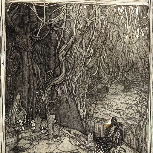 Image similar to once upon a midnight dreary, while i pondered, weak and weary, over many a quaint and curious volume of forgotten lore, by arthur rackham, highly detailed, 8 k,