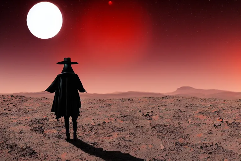 Prompt: A plague doctor standing on mars looking at camera, distant background, red lighting, ominous, gloomy, moonlight, bokeh, synthwave, psychedelic, glitch, acrylic, flooko, detailed, cybernetic, sci-fi, glows,