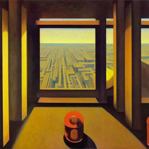 Prompt: first person view of a stark concrete maze, people in glass vacuum tubes, grant wood, pj crook, edward hopper, oil on canvas