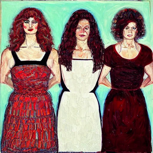 Prompt: three sisters look into the mirror, blonde and brunette, beautiful, white and red dresses, one woman is regretful, wealthy women, Chuck close
