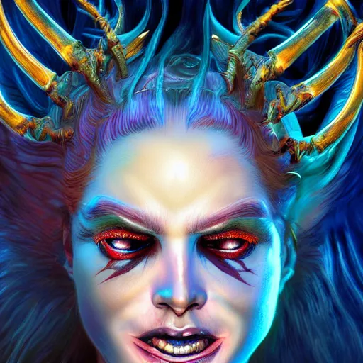 Image similar to Photorealistic demon goddess In the style of Michael Whelan. Hyperdetailed photorealism, 108 megapixels, amazing depth, glowing rich colors, powerful imagery, psychedelic Overtones, 3D finalrender, 3d shading, cinematic lighting, artstation concept art