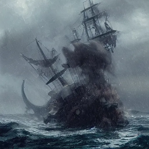 Prompt: a giant tentacle monster taking down a pirate ship , waves splashing , rain , by Greg rutkowski