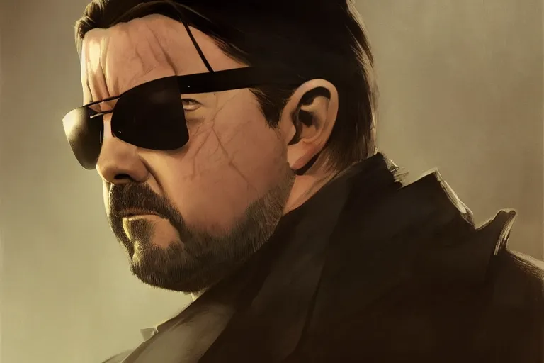 Image similar to closeup portrait of a ricky gervais as a hitman, the matrix, dramatic light, gorgeous view, depth, high detail, digital art, painted by greg rutkowski and seb mckinnon, by tim burton, trending on artstation