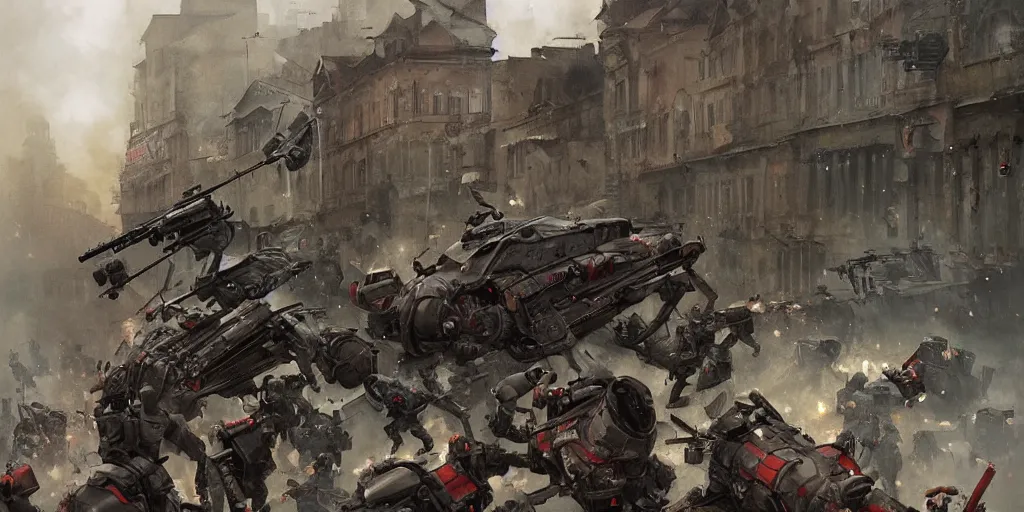 Image similar to spider robots terrorise streets of weimar berlin and attack freikorps soldiers and civilians, detailed painting, intense heavy street battle, bullet hell, pile of bodies, art by greg rutkowski and jakub rozalski