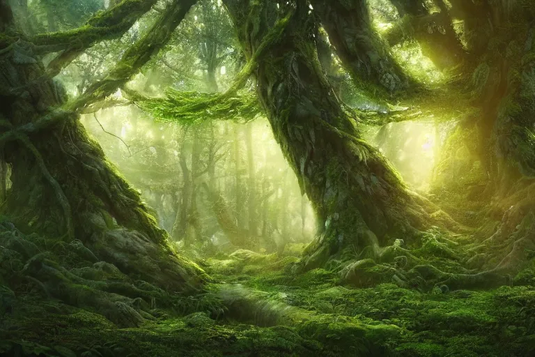 Image similar to magical forest forest, ghibli studio, cellshaded, nausicaa anime style hyper realistic, mossy tangled trees, ambient lighting, concept art, intricate, hyper detailed, smooth, dynamic volumetric lighting, octane, raytrace, cinematic, high quality, high resolution, 4 k, cgsociety, rutkowski, gurney