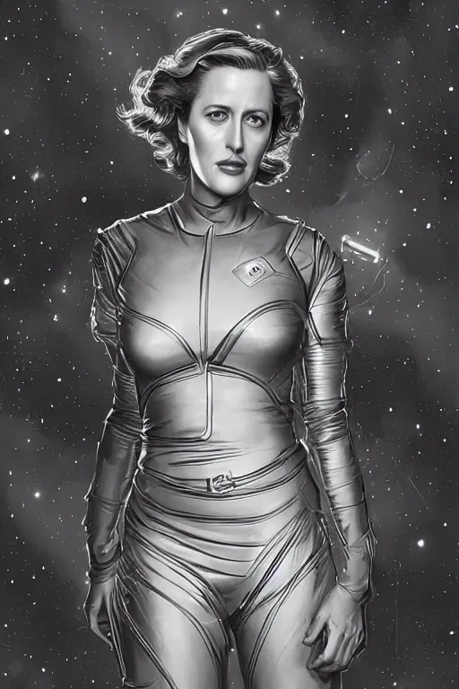 Image similar to young Gillian Anderson as a ruggedly beautiful retro SCI-FI space heroine 1985 , intricate, elegant, highly detailed, centered, digital painting, artstation, concept art, smooth, sharp focus, illustration, art by artgerm and donato giancola and Joseph Christian Leyendecker, Ross Tran, WLOP