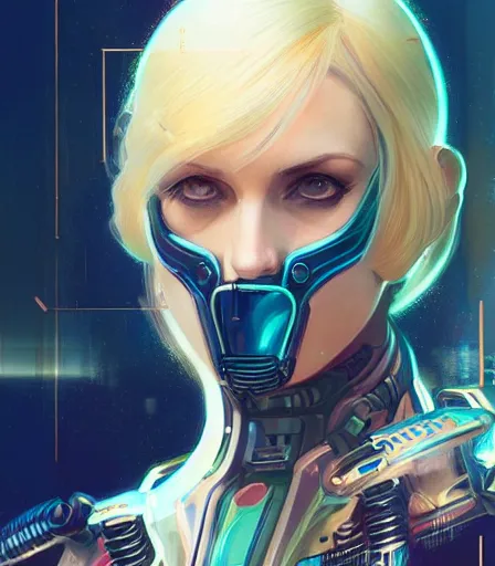 Image similar to portrait of a cyberpunk art deco woman who looks like Samus Aran sci-fi, fantasy, intricate, elegant, highly detailed, digital painting, artstation, smooth, sharp focus, illustration, art by artgerm and greg rutkowski and alphonse mucha