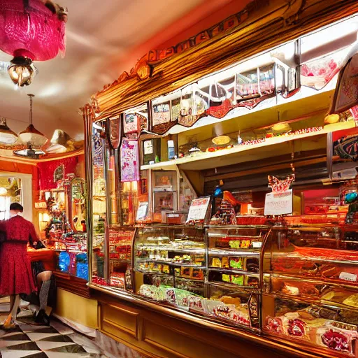Prompt: Inside an old fashioned sweet shop, fantasy vendor interior, wide angle, cinematic shot, highly detailed, cinematic lighting , photorealistic, 8K