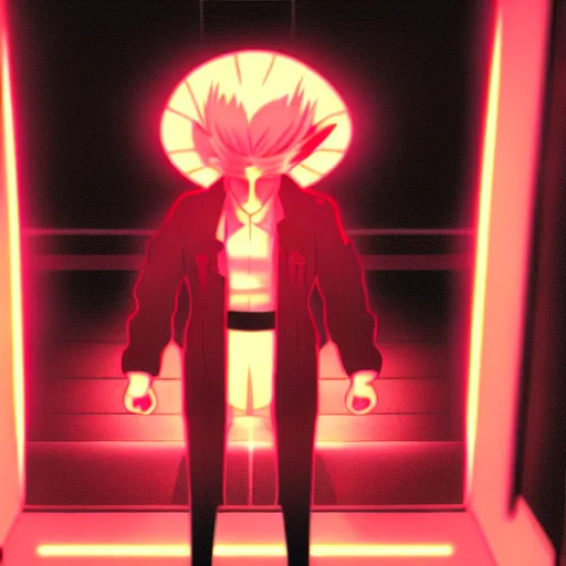 Prompt: godot from ace attorney standing in a room engulfed in red light, cinematic, bloom, breathtaking, illustration