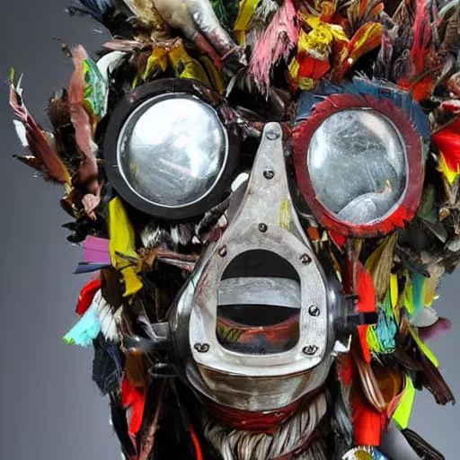 Prompt: a close up of a sculpture of a person wearing a chainsaw mask, an abstract sculpture by John Chamberlain, pinterest contest winner, toyism, made of trash, made of feathers, made of plastic