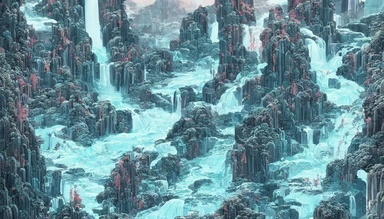 Prompt: huge waterfall, chinese ink brush, yukio - e, kilian eng, victo ngai, josan gonzalez