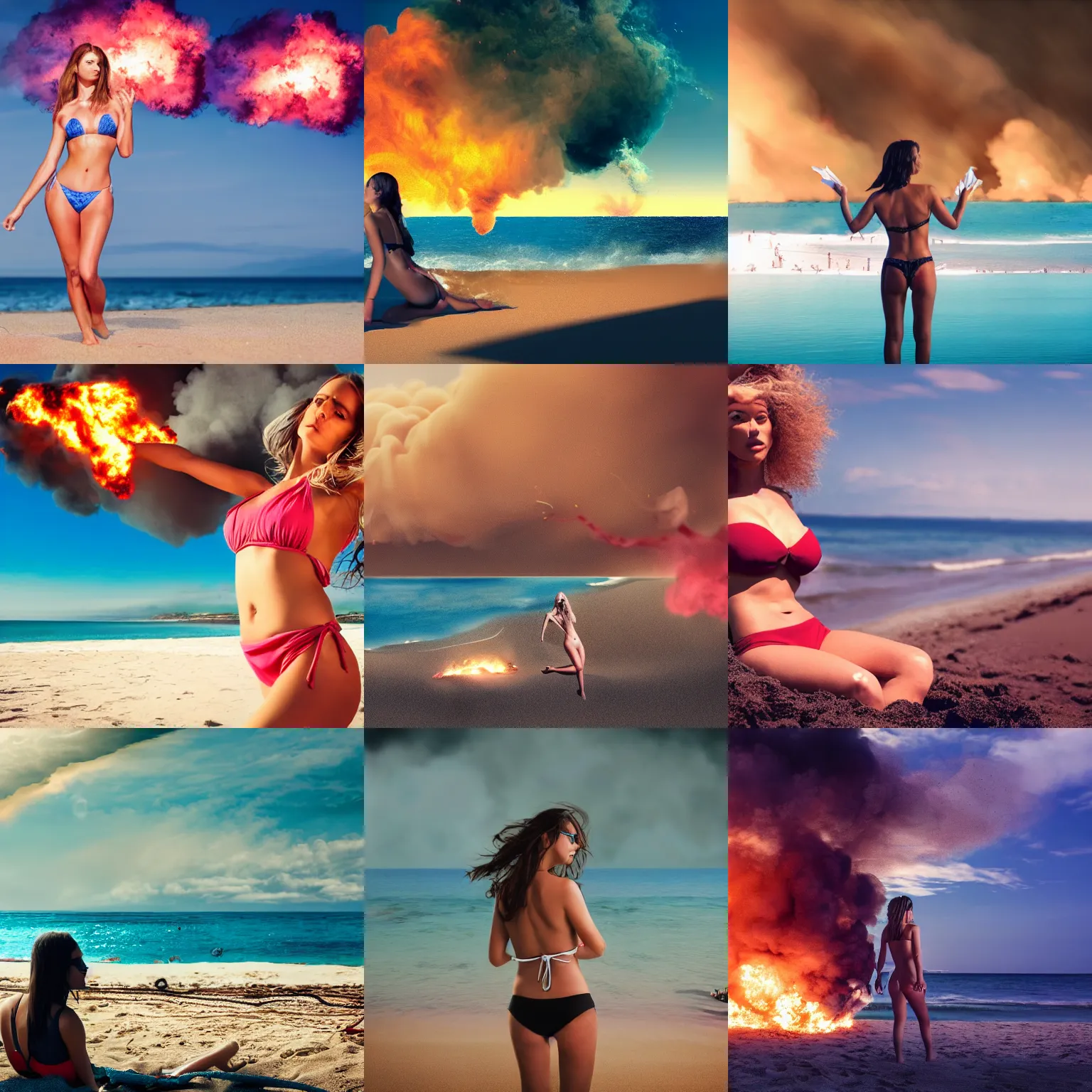 Prompt: woman in bikini lying at beach, explosions and smoke at background, photo realistic, still cinematic