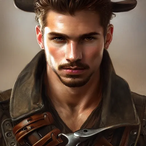 Image similar to portrait of a young, rugged ranger, handsome, muscular, half body, leather, smirk, fantasy, intricate, elegant, highly detailed, digital painting, artstation, concept art, smooth, sharp focus, illustration, art by artgerm and greg rutkowski and alphonse mucha