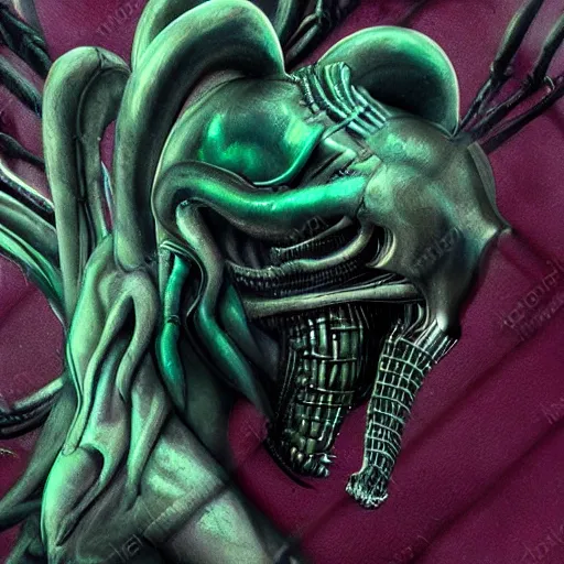 Image similar to xenomorph queen human hybrid, dragon eggs, dark emerald mist colors, giger void liminal backfill, realistic, award winning photograph, micro macro refine