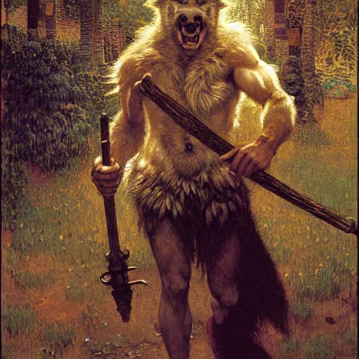 Image similar to a male boarwolfman boar wolf man wearing a shirt furry arms furry body walking stick new york. furaffinity furry art detailed face painting by gaston bussiere craig mullins jc leyendecker gustav klimt artgerm greg rutkowski furry