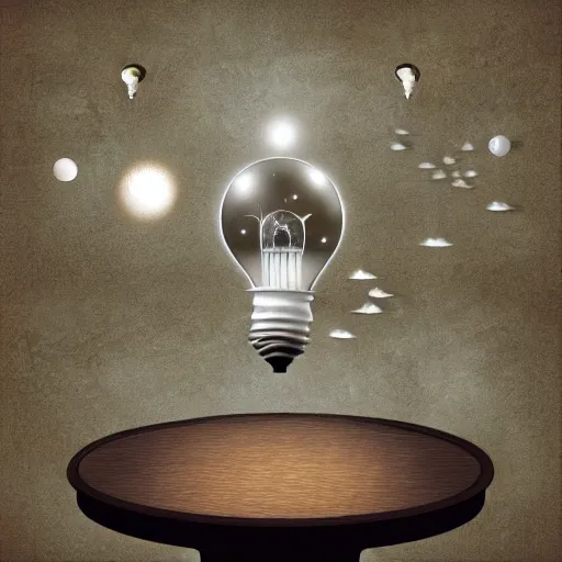 Image similar to a light bulb over a dinner table with a full miniature universe inside it, digital art