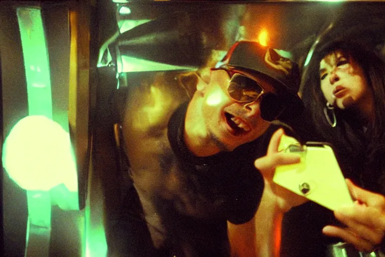 Image similar to pitbull taking a selfie with a fan while trapped in a pinball machine in 1 9 8 5, y 2 k cybercore, industrial low - light photography, still from a kiyoshi kurosawa movie