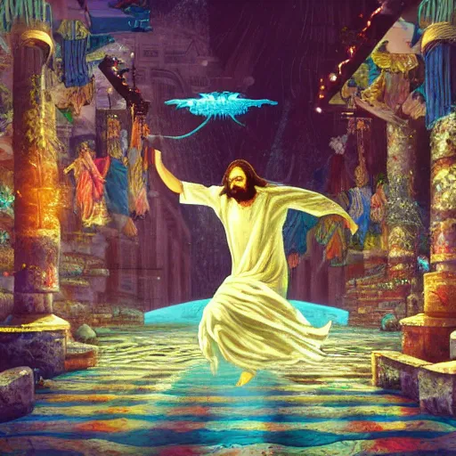 Prompt: a detailed picture of jesus chasing away the merchants in the temple, thrown tables, scattered gold coins, fleeing merchants, fantasy, intricate, elegant, highly detailed, digital painting, artstation, matte, sharp focus, illustration, in the style of vaporwave, retro futurist, 4 k