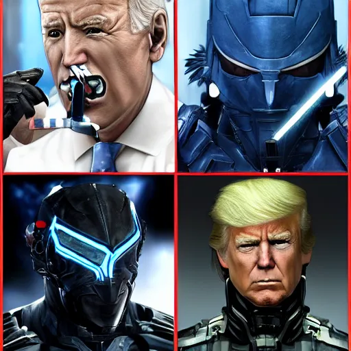 Prompt: joe biden as raiden from metal gear rising revengeance fighting donald trump as sentator armstrong