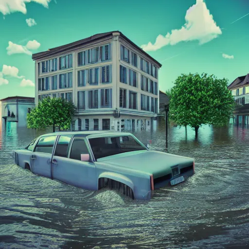 Image similar to 80s vaporwave outrun 3d Render of a german town being flooded, retro, grainy, noisy