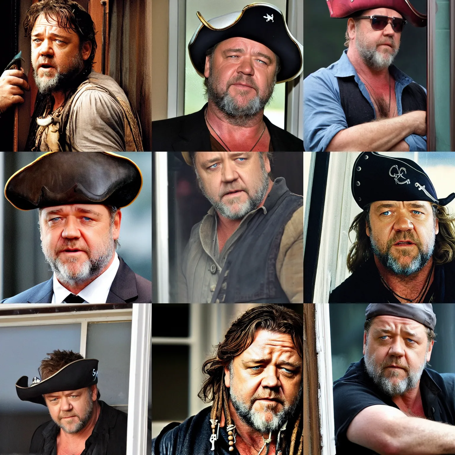 Prompt: russell crowe wearing a pirate hat, looking out from a window towards the camera