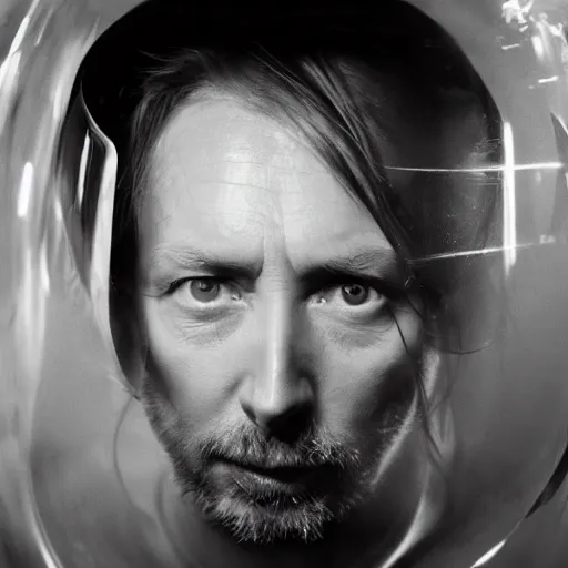 Prompt: thom yorke singer songwriter in a waterline filled spacesuit visor, filling with water, dark lighting, space station light reflections, ultrafine detail, hyper realistic face, beautiful eyes, associated press photo, eyes reflecting into eyes reflecting into infinity, eyes reflecting into eyes reflecting into infinity